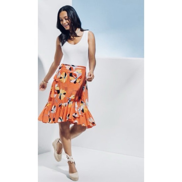 CAbi Polka Dot Floral Retro Pinup Ruffle Wrap Skirt #6199 Size XS Tangerine - Picture 2 of 11